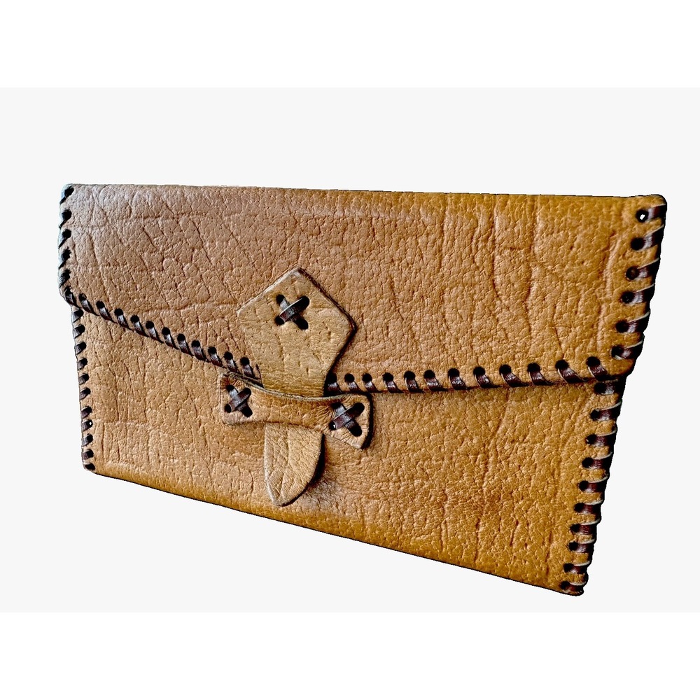 Vtg 70s Handmade Leather Wallet Pouch Whipstitch Boho Hippie Western Loop Close